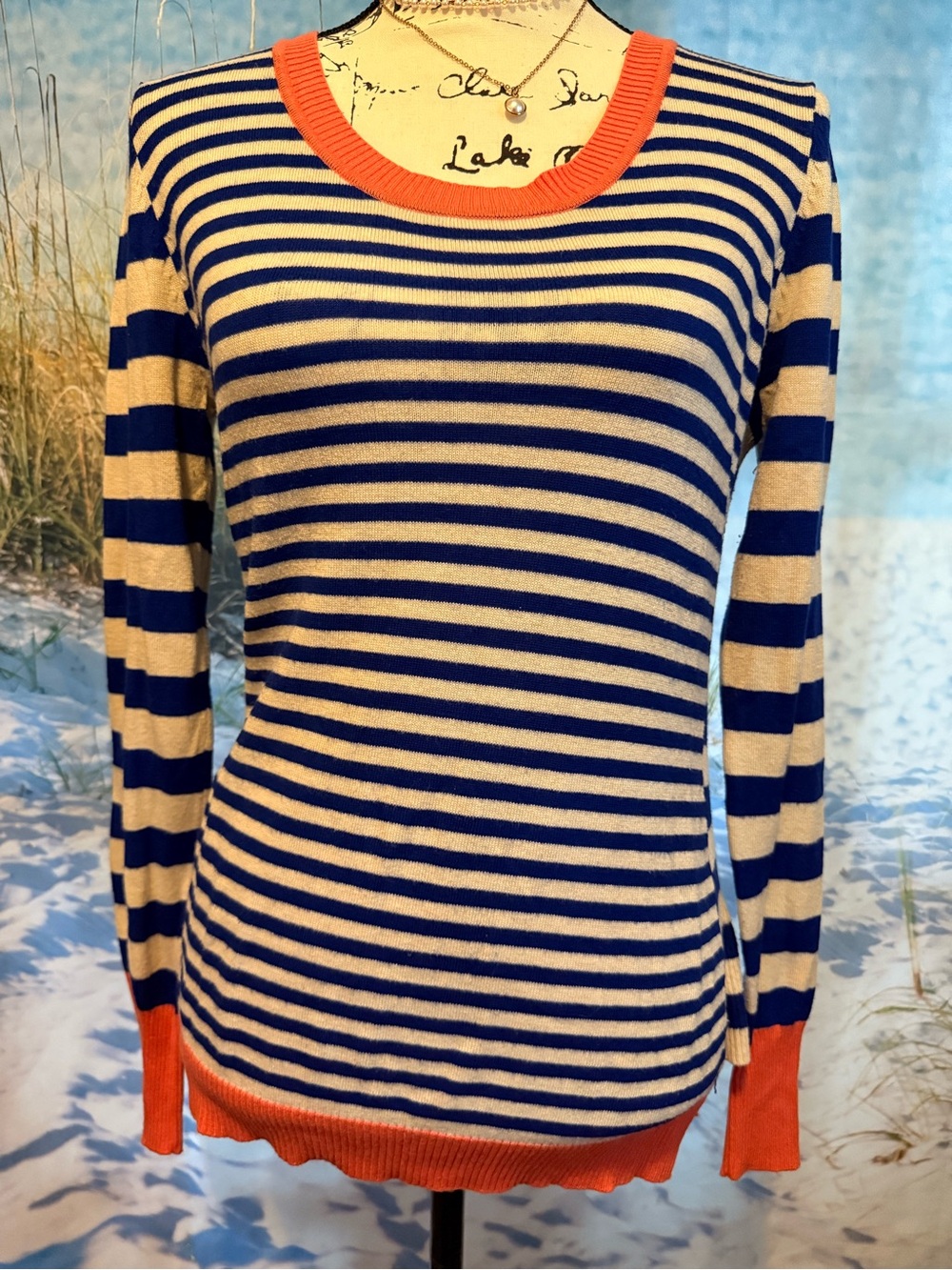 Pink Rose Navy and Cream Striped Long Sleeve Sweater with Orange Trim